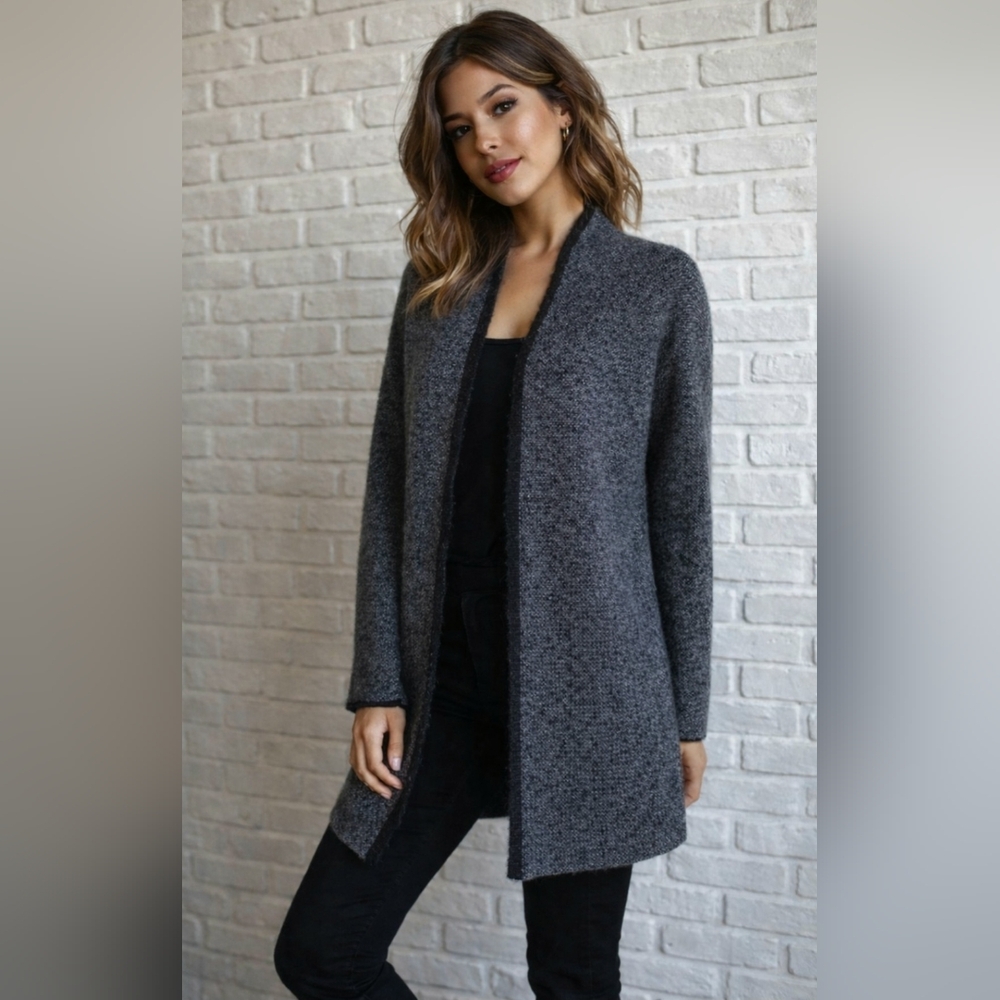 Kenar Wool Blend Long Cardigan Sweater Open Front Dark Gray Black Boho Size Med